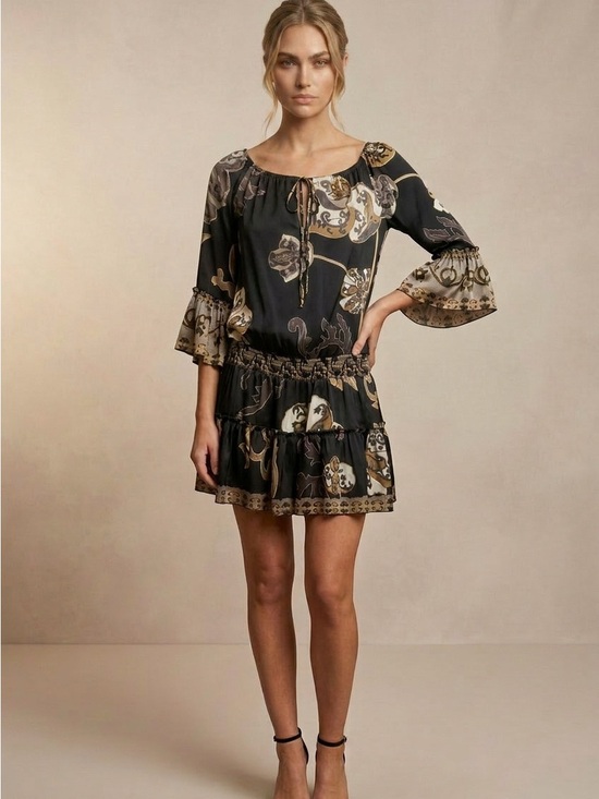 Hale Bob Dresses & Skirts - Hale Bob Black and Beige 100% Silk Floral Tie-Neck Tiered Mini Dress NWT XS